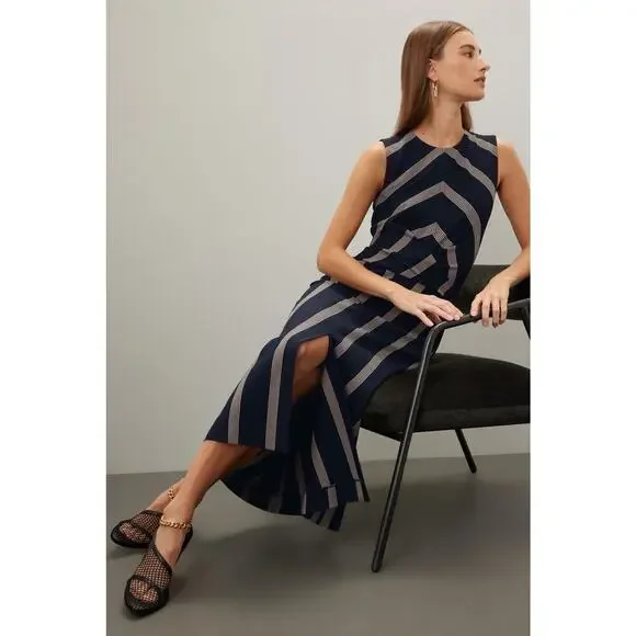TANYA TAYLOR Dark Navy Blue Pinstripe A-Line Sleeveless Midi Dress Size Large - Picture 3 of 14